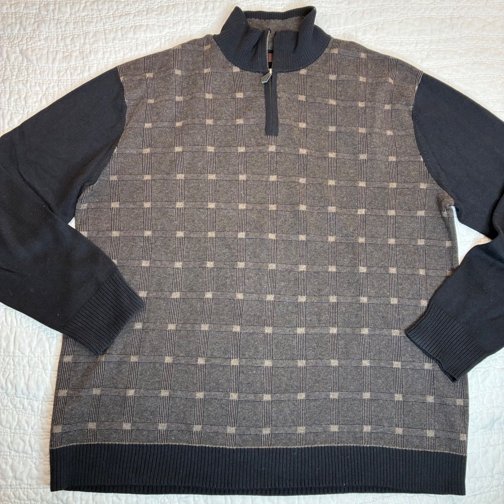 Perry Ellis Mens XL Gray Black Quarter Zip Pullover Sweater Knit Capsule Preppy